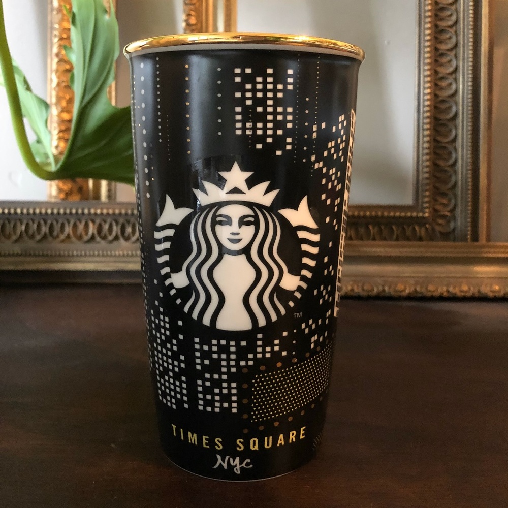 2015 Starbucks New York City TIMES SQUARE Ceramic Tumbler 12 Fl Oz -Black Gold